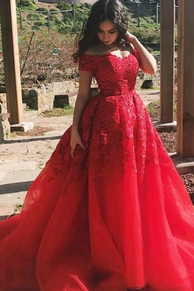 Off-the-shoulder Appliques Red Organza ...